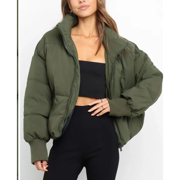 Commense Jackets & Blazers - Commense Quilted Puffer Stand Collar Crop Coat Army Green Streetwear Casual LG